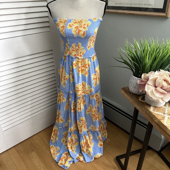 ABEL THE LABEL Dress Womens Large Blue Yellow Floral Strapless Maxi Smocked - Picture 1 of 12